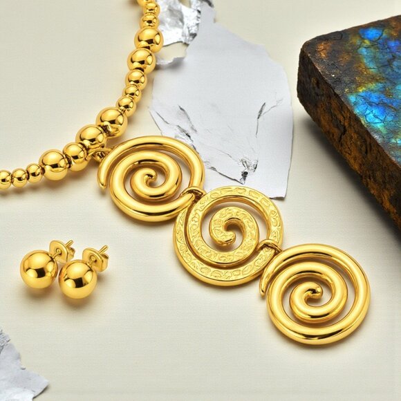 🆕️Glamorous Golden Statement Spiral Necklace & Earrings Set | 18K Gold Plated🌟 - Picture 1 of 13